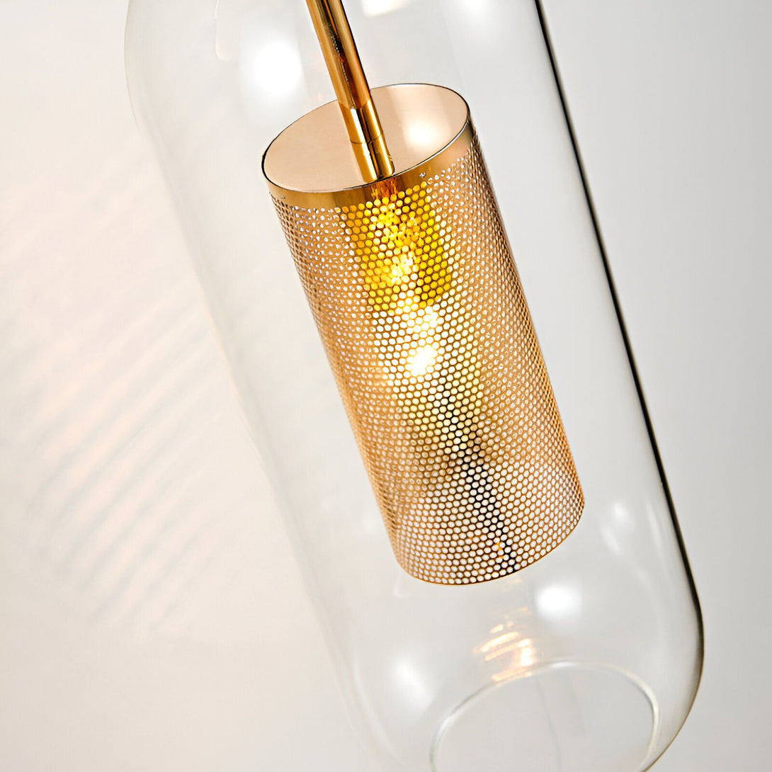 Une lampe suspendue en verre avec une cage en métal doré. DY-3966329891,DY-2145180516,