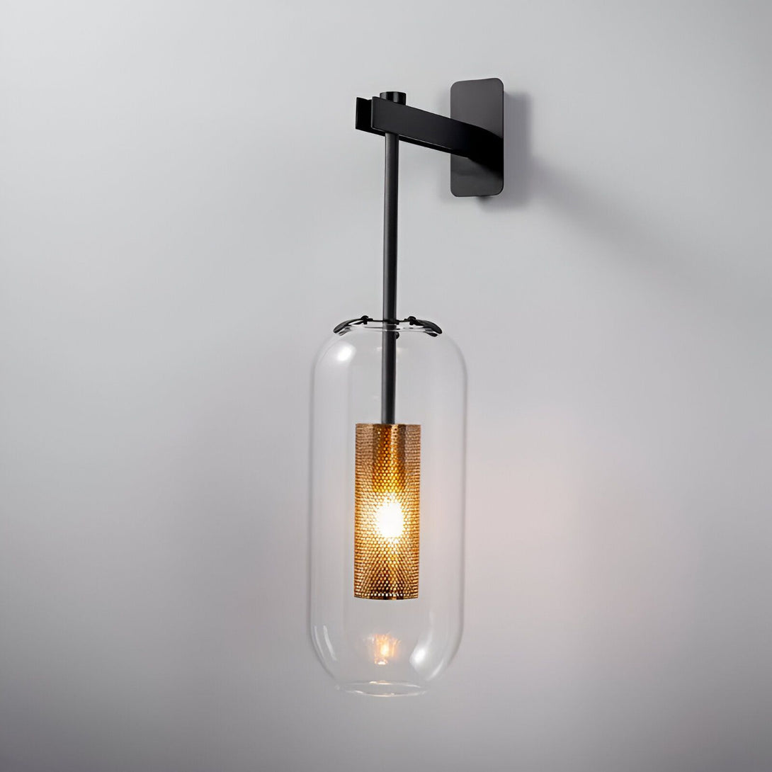 Une applique murale en métal noir avec une forme de tube en verre transparent et doré. DY-3966329891,DY-2145180516,
