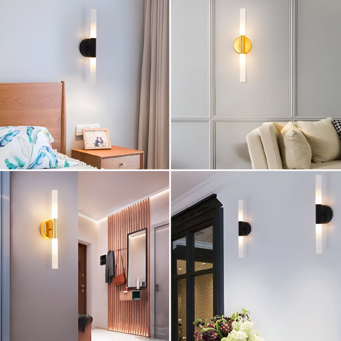 Une image de quatre appliques murales. Les appliques sont de couleur noire et or. Elles sont de forme rectangulaire et ont une lumière LED intégrée. Les appliques sont installées dans différents endroits : une chambre, un salon, une entrée et un couloir. MI-9711354888,MI-0752307630,MI-7726950064,MI-8950282194,