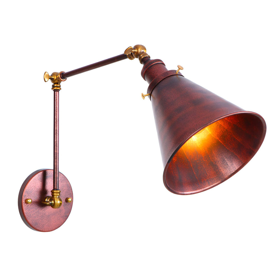 Une applique murale industrielle avec un abat-jour en métal de couleur cuivre. L'applique est fixée au mur par une plaque ronde et un bras articulé en cuivre. L'abat-jour est de forme conique et diffuse une lumière chaude. FL-6887683644,FL-2269015371,FL-5977835825,FL-2868651437,FL-9593649115,FL-1648370977,FL-4358131573,FL-9160375957,FL-1822533384,