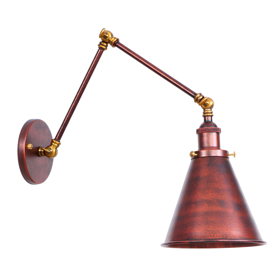 Une applique murale industrielle avec un abat-jour en métal de couleur cuivre et un bras articulé en laiton. L'applique est fixée au mur par une plaque ronde en métal de couleur cuivre. FL-6887683644,FL-2269015371,FL-5977835825,FL-2868651437,FL-9593649115,FL-1648370977,FL-4358131573,FL-9160375957,FL-1822533384,