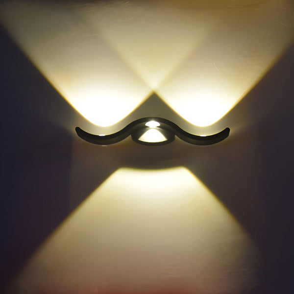Une applique murale en forme de moustache noire émettant une lumière jaune sur un mur beige. ET-8583100632,ET-0220003556,ET-5289567690,ET-192306827X,