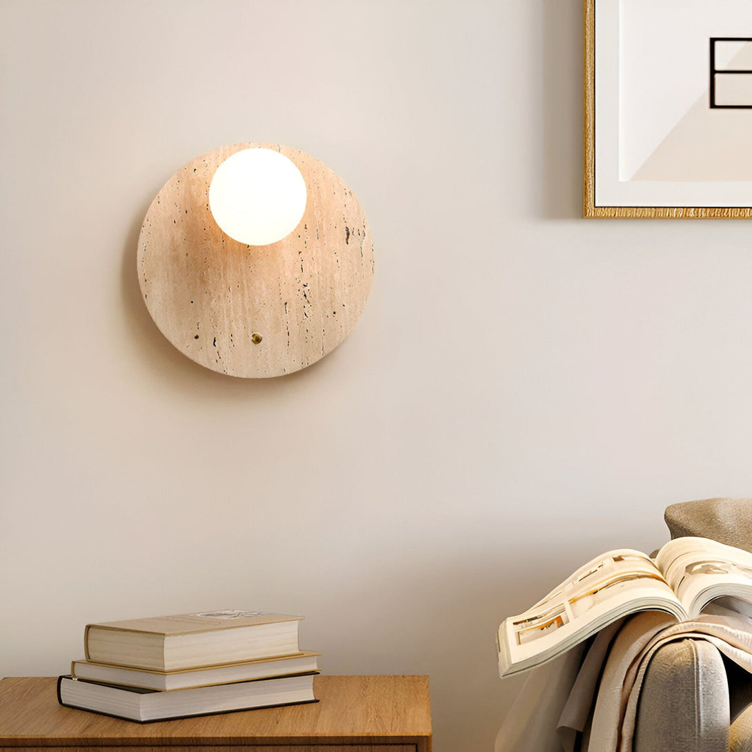 Une applique murale en pierre naturelle avec une forme ronde et une lumière blanche. HO-6953652675,HO-8029463928,