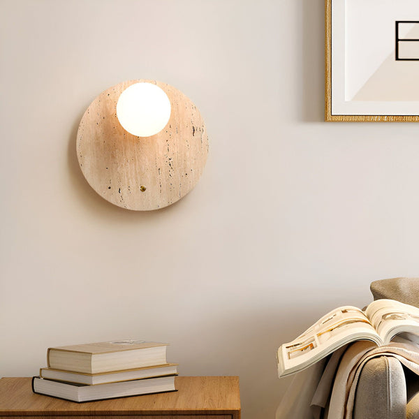 Une applique murale en pierre naturelle avec une forme ronde et une lumière blanche. HO-6953652675,HO-8029463928,