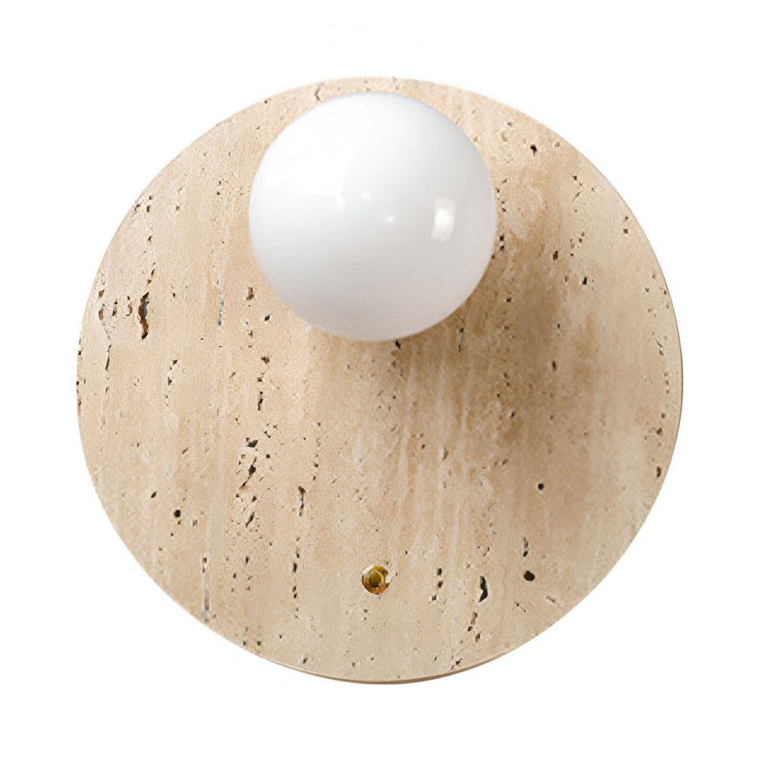 Une applique murale en pierre de taille beige avec une sphère en verre blanc. HO-6953652675,HO-8029463928,