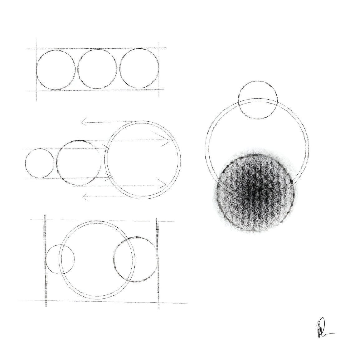 L'image représente trois croquis de bagues. Le premier croquis montre trois cercles de même taille, le deuxième croquis montre deux cercles de même taille et un plus petit cercle au milieu, et le troisième croquis montre un cercle avec un plus petit cercle à l'intérieur. AL-0113600720,