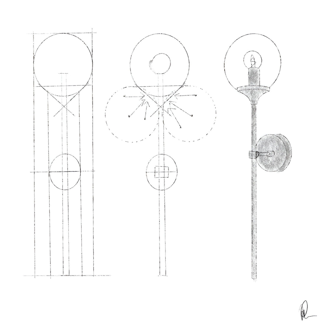 L'image montre un croquis d'une applique murale. Le croquis est composé de trois parties. La première partie est un cercle avec des lignes de construction. La deuxième partie est un cercle avec des lignes de construction et des lignes qui montrent la direction de la lumière. La troisième partie est une représentation plus détaillée de l'applique murale, avec l'abat-jour en verre et le support mural. AL-5005943498,AL-6451571660,AL-2814593528,
