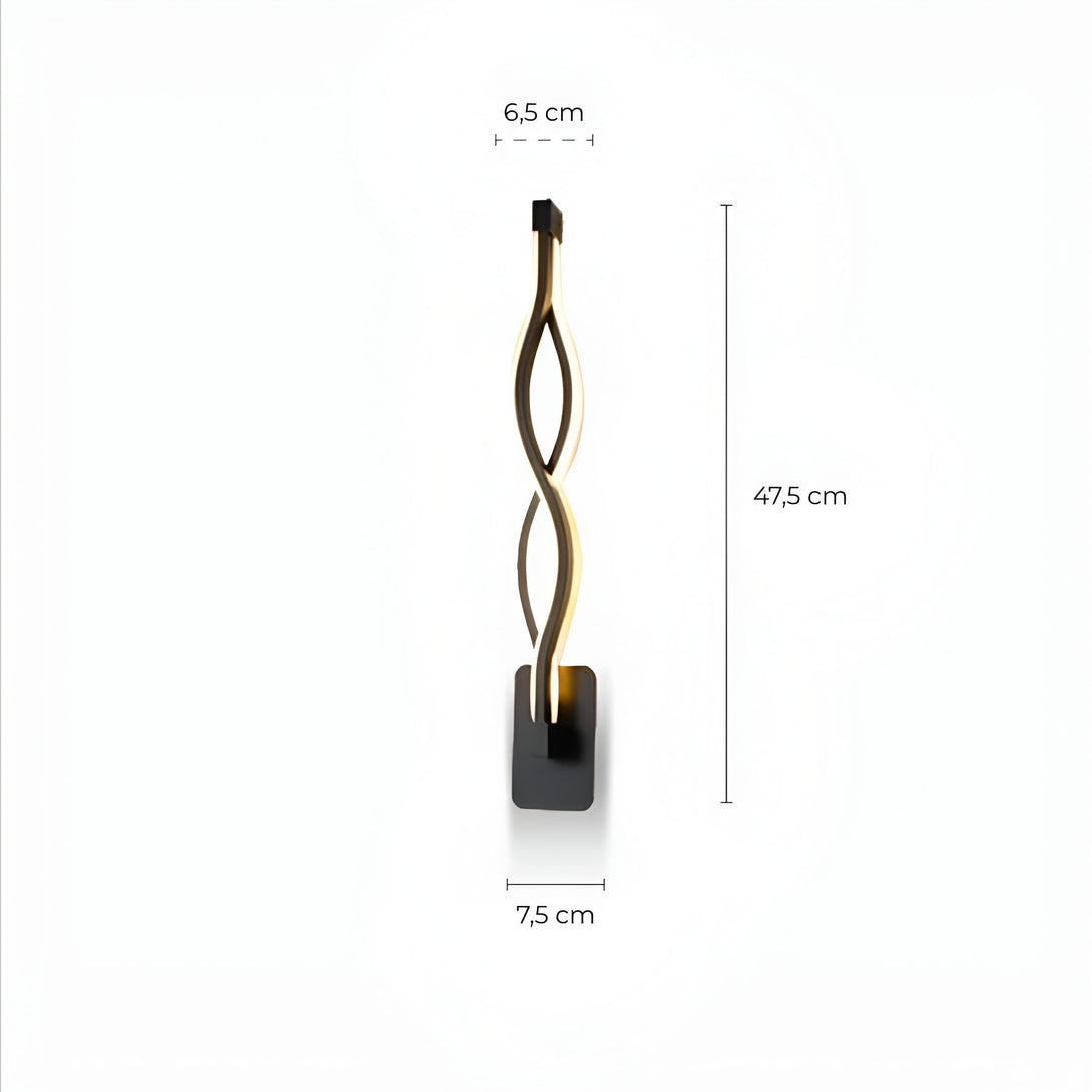 Une image d'une applique murale LED en forme de vague. L'applique est de couleur noire et blanche et mesure 47,5 cm de haut, 7,5 cm de large et 6,5 cm de profondeur. AR-8909787996,AR-6452401416,AR-6742959568,AR-4262249980,
