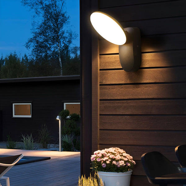 Une applique murale extérieure noire avec une lumière blanche brillante. L'applique est montée sur un mur en bois sombre à côté d'une porte et d'une fenêtre. Il y a un pot de fleurs devant l'applique. LI-7997035176,LI-6815012948,