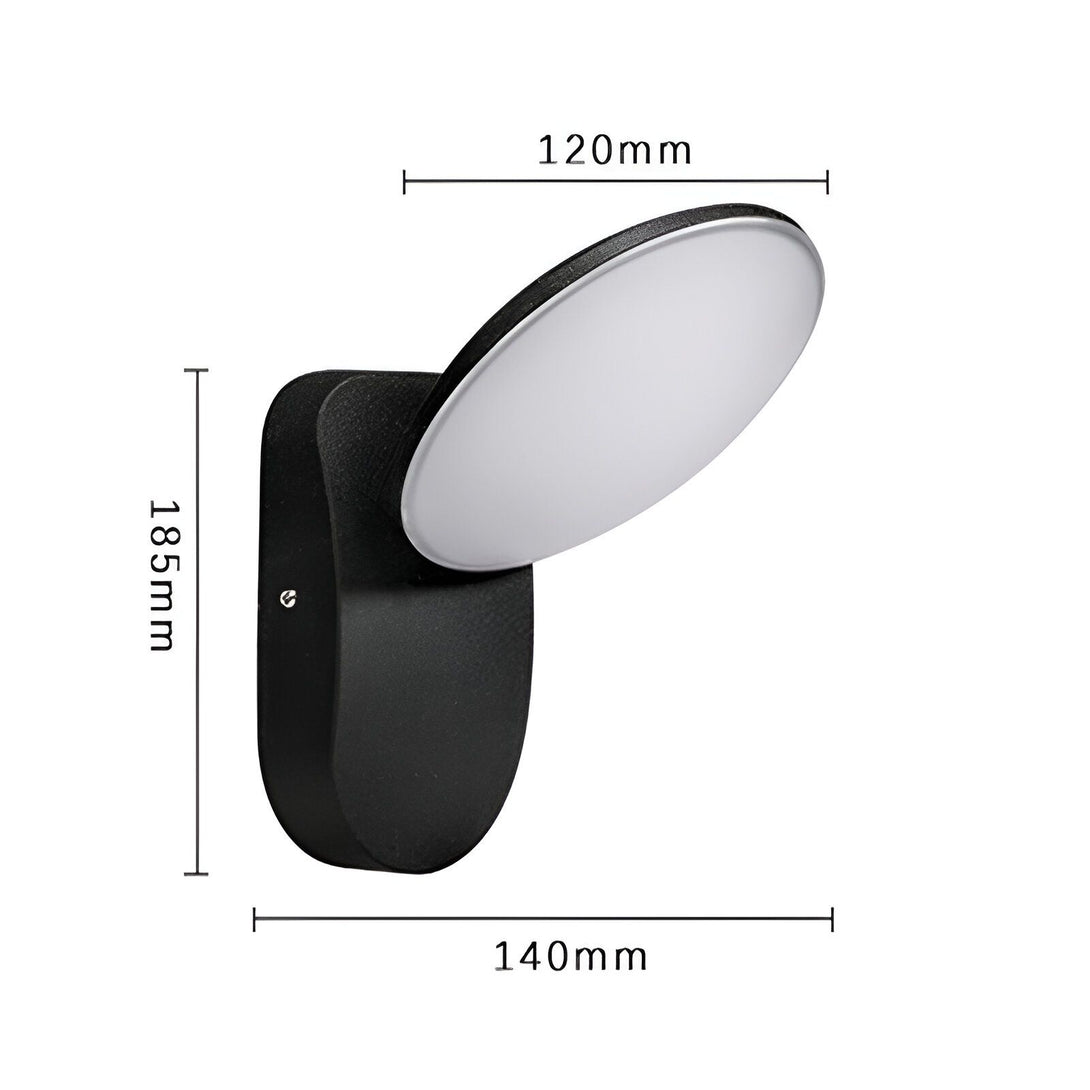 Une image d'une applique murale LED noire avec une forme ovale. L'applique mesure 120 mm de haut, 140 mm de large et 185 mm de profondeur. LI-7997035176,LI-6815012948,