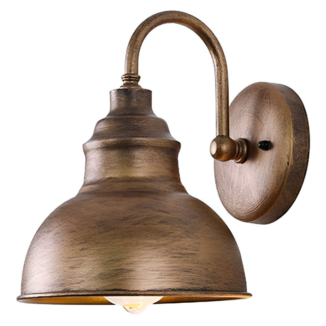 Une applique murale en métal avec une finition bronze antique. L'applique est en forme de cloche et a un bras courbé. LA-3532870835,LA-7331102605,