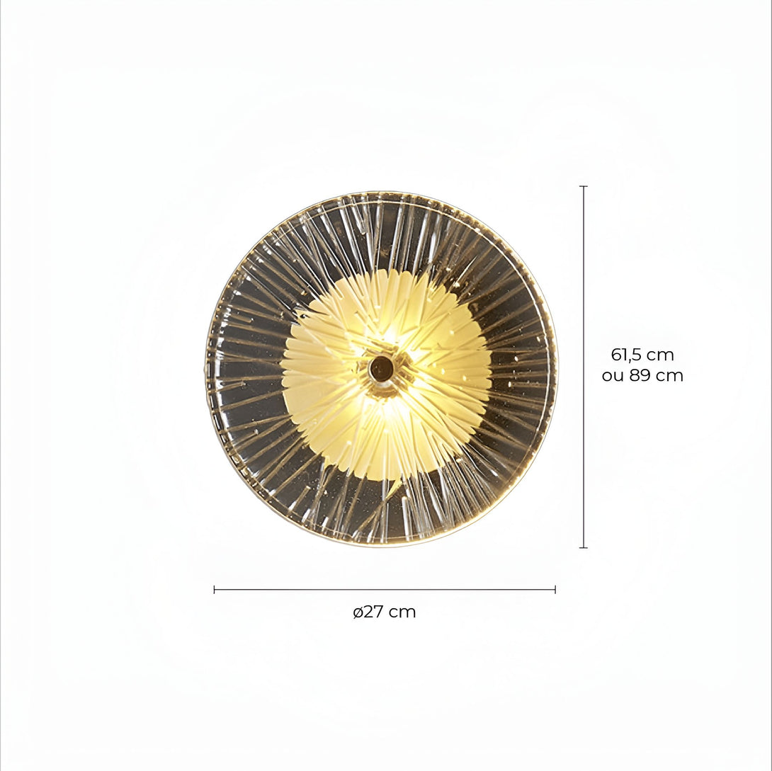 Une applique murale en verre soufflé transparent et doré. L'applique a un diamètre de 27 cm et une hauteur de 61,5 cm ou 89 cm. AZ-1516305086,AZ-9770102490,