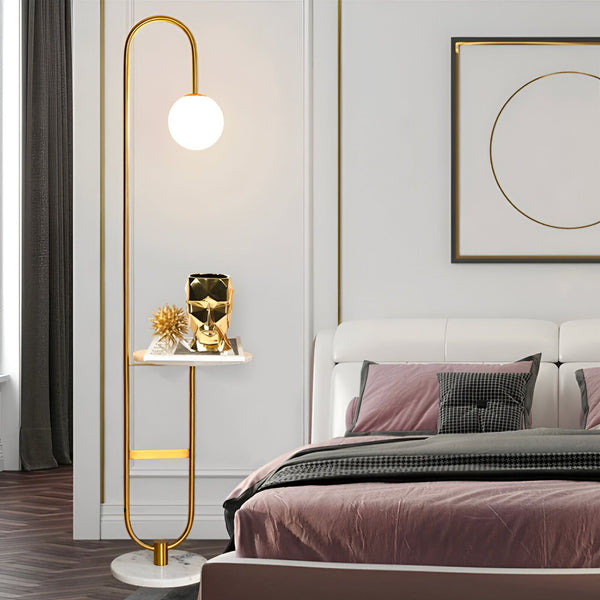 lampadaire doré avec une table en marbre blanc et une sphère en verre blanc LA-5213525032,LA-9607473531,LA-1687313180,