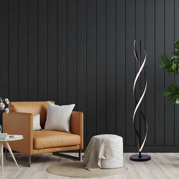 lampadaire moderne torsadé en aluminium noir et blanc. Il est parfait pour éclairer un salon, une chambre ou un bureau. LS-3164174144,LS-6358658263,