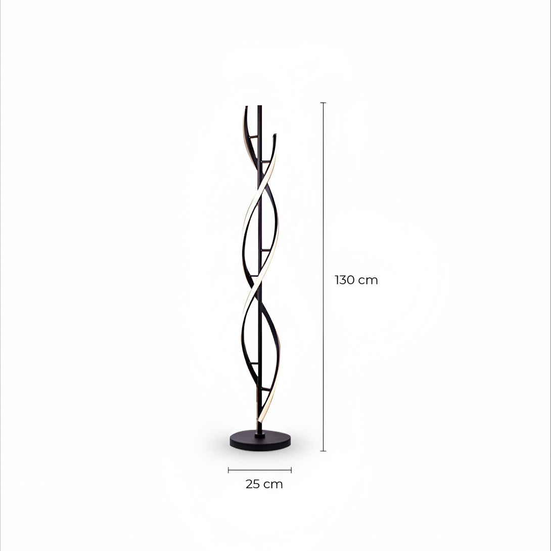 lampadaire noir avec une forme torsadée et une lumière LED blanche. Il mesure 130 cm de haut et 25 cm de large. LS-3164174144,LS-6358658263,