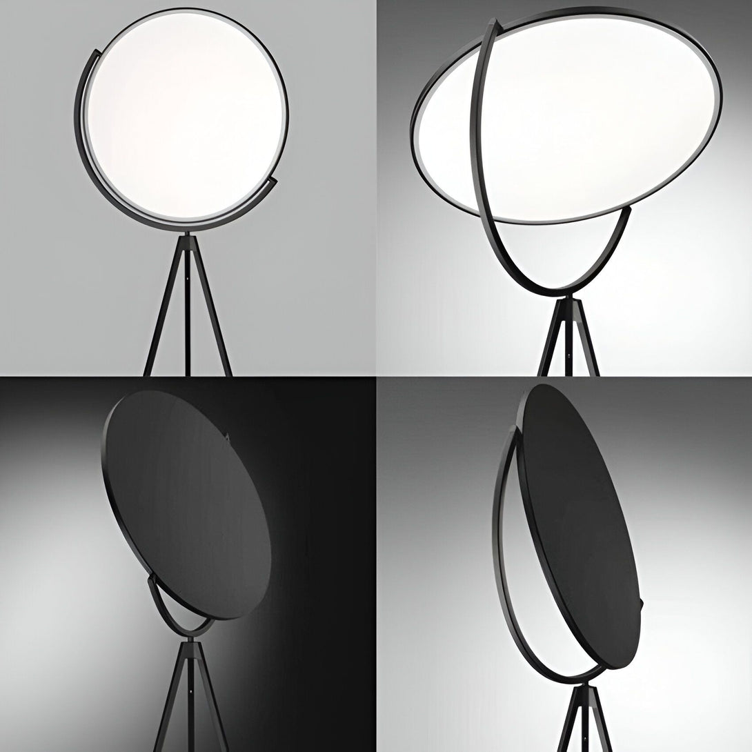Quatre images d'un lampadaire avec un trépied. Le lampadaire est rond et noir avec une grande surface lumineuse blanche. MA-1013807243,MA-235099841X,MA-249299418X,
