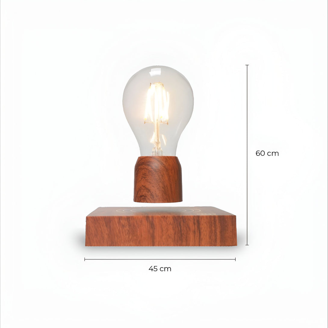Une ampoule à incandescence transparente est suspendue au-dessus d'un socle en bois. L'ampoule est allumée et émet une lumière chaude. Le socle est en bois de couleur marron foncé. L'ampoule et le socle sont tous deux de forme rectangulaire. L'ampoule mesure 60 cm de haut et 45 cm de large. Le socle mesure 45 cm de haut et 60 cm de large. AL-5617346911,