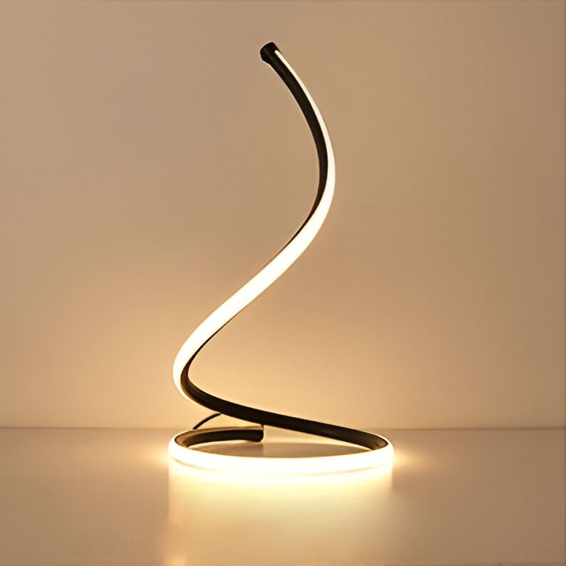 Une lampe de table en forme de spirale noire avec une lumière blanche. EV-1596845252,EV-6746318540,EV-1161783687,