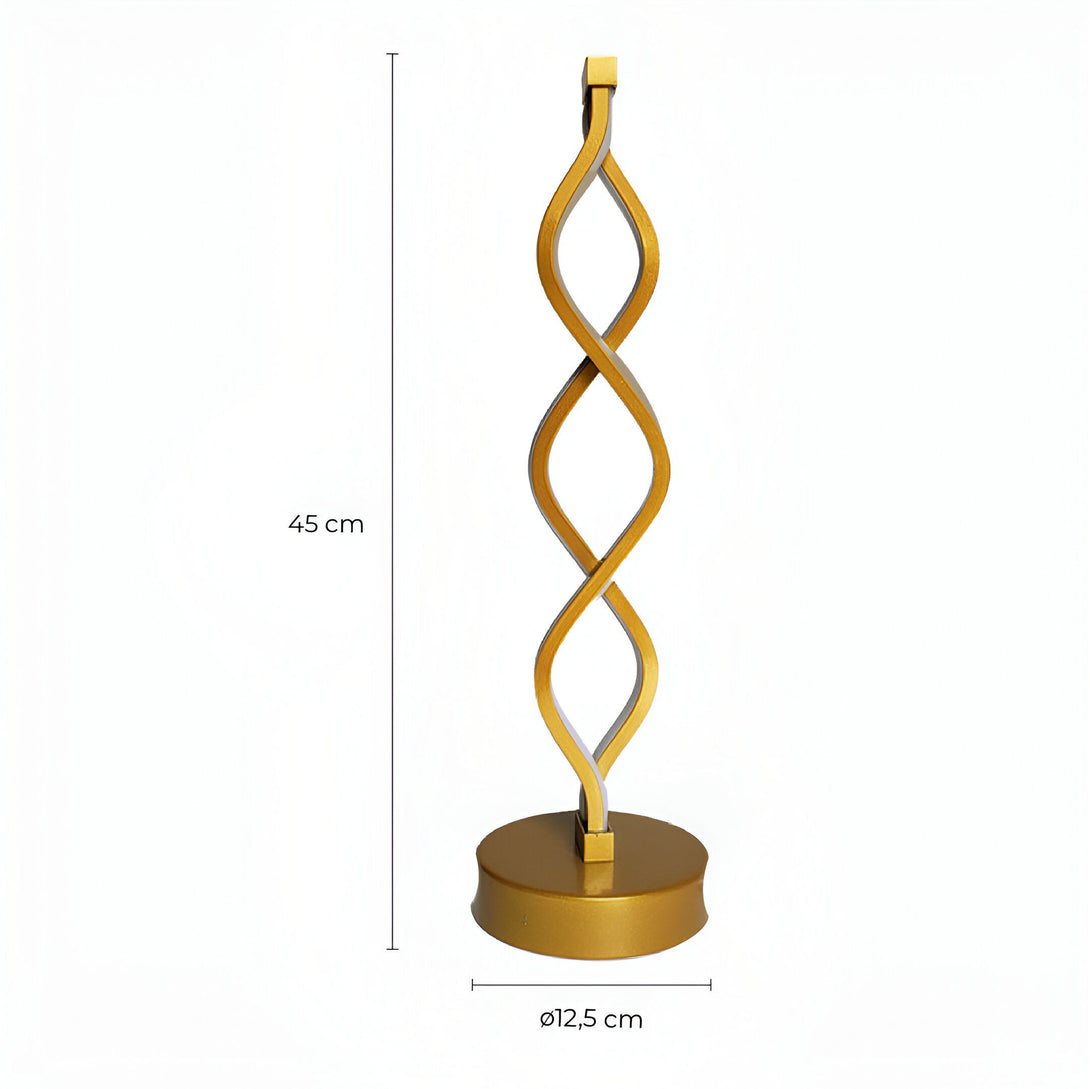 Une lampe dorée en forme de spirale avec une base ronde. La lampe mesure 45 cm de haut et 12,5 cm de diamètre. IN-761638868X,IN-2865725197,IN-8287419824,IN-8037118681,