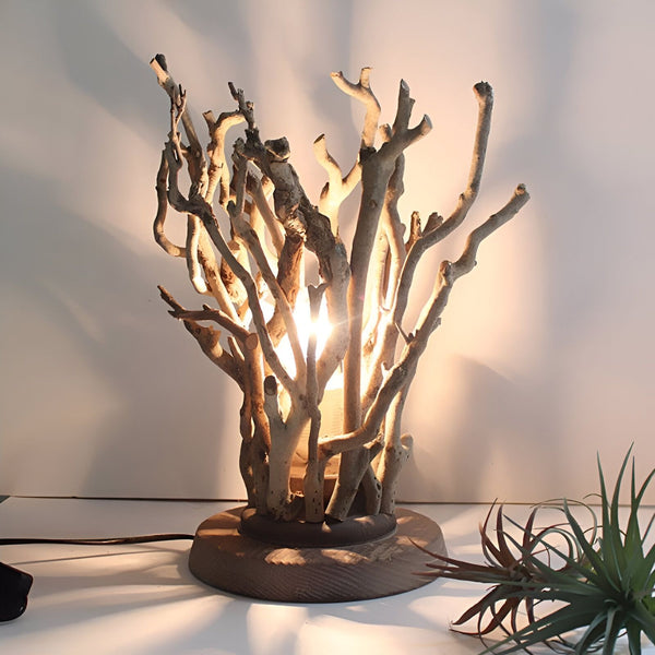 Une lampe en bois flotté avec une plante verte à côté AR-5394209219,