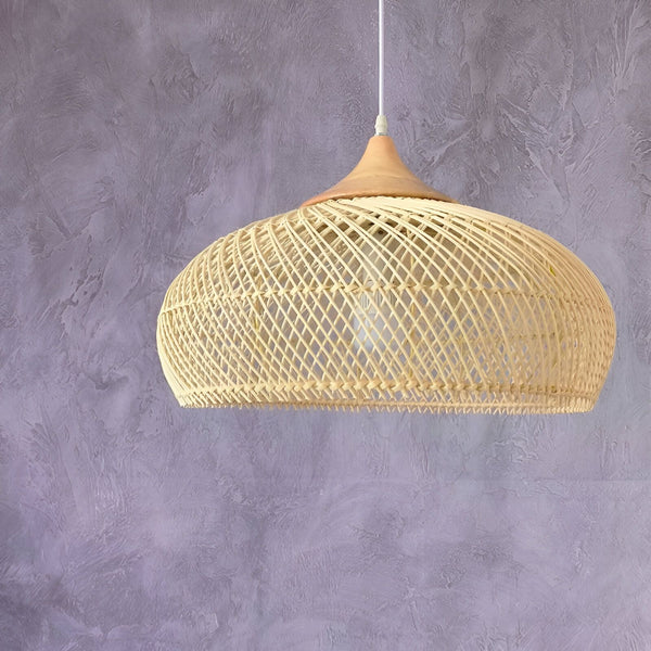 Une lampe en rotin tressé à la main avec une monture en bois. La lampe est de couleur beige clair et mesure 50 cm de diamètre. Elle est suspendue à un cordon blanc de 1,5 m de long. La lampe est idéale pour une utilisation dans une chambre à coucher, un salon ou une salle à manger. ZO-083841253X,ZO-9597018527,ZO-2501992512,ZO-5346775838,