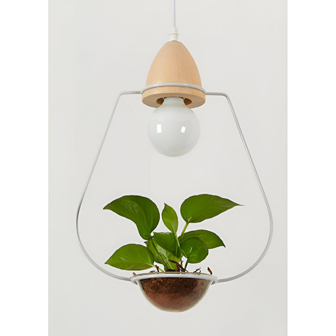 Une lampe suspendue en métal blanc avec une ampoule et un pot de plante verte. NA-3925452753,NA-6794830825,NA-5270540967,NA-2927391858,NA-9044572768,NA-5222781577,