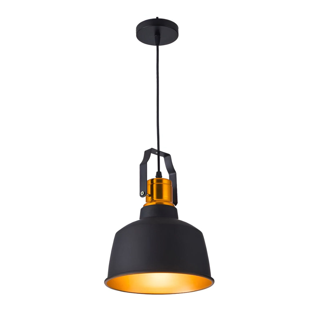 Une lampe suspendue en aluminium de couleur noire avec une ampoule dorée. La lampe est de forme ronde et émet une lumière chaude. SO-6437109300,SO-7477021855,