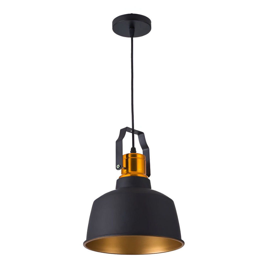 Suspension luminaire en aluminium avec une douille E27, câble en tissu noir et rosace de plafond en métal noir. L'intérieur de l'abat-jour est doré. SO-6437109300,SO-7477021855,