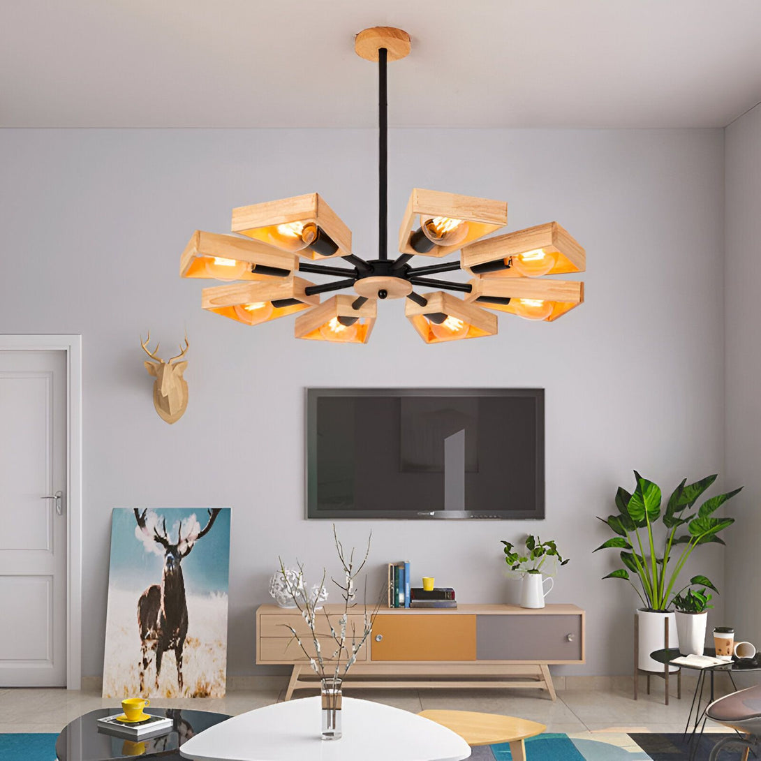 Un lustre en bois avec des ampoules allumées est suspendu au plafond d'un salon. Il y a une télévision accrochée au mur et un tapis au sol. BE-5273302781,BE-5278965401,BE-2072752558,BE-529962350X,BE-6323593815,BE-377997603X,