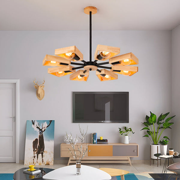 Un lustre en bois avec des ampoules allumées est suspendu au plafond d'un salon. Il y a une télévision accrochée au mur et un tapis au sol. BE-5273302781,BE-5278965401,BE-2072752558,BE-529962350X,BE-6323593815,BE-377997603X,
