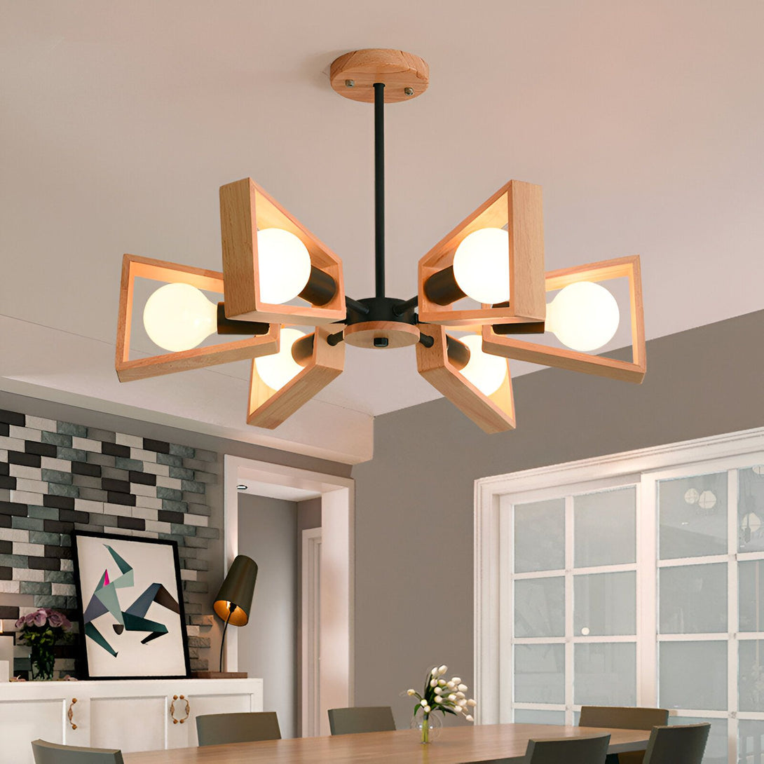 Un lustre en bois avec six ampoules est suspendu au plafond. Le lustre est de couleur marron clair et les ampoules sont de couleur blanche. Le lustre est de forme géométrique et il est suspendu à un fil noir. BE-5273302781,BE-5278965401,BE-2072752558,BE-529962350X,BE-6323593815,BE-377997603X,