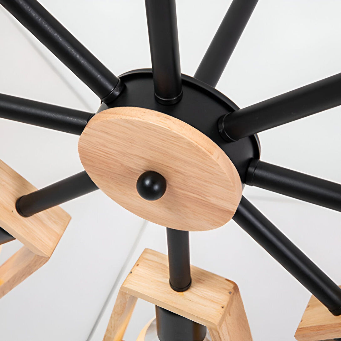 Une image d'un lustre en bois et en métal. Le lustre a une forme géométrique et est de couleur noire et marron. Il est suspendu au plafond par une chaîne en métal. BE-5273302781,BE-5278965401,BE-2072752558,BE-529962350X,BE-6323593815,BE-377997603X,