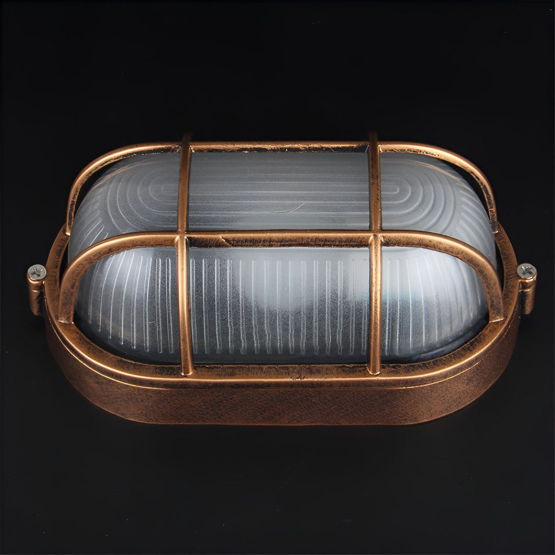 Une applique murale de style industriel avec une grille de protection en métal et un diffuseur en verre dépoli. La lampe est de couleur bronze et mesure 20 cm de haut, 10 cm de large et 15 cm de profondeur. LE-1239025416,