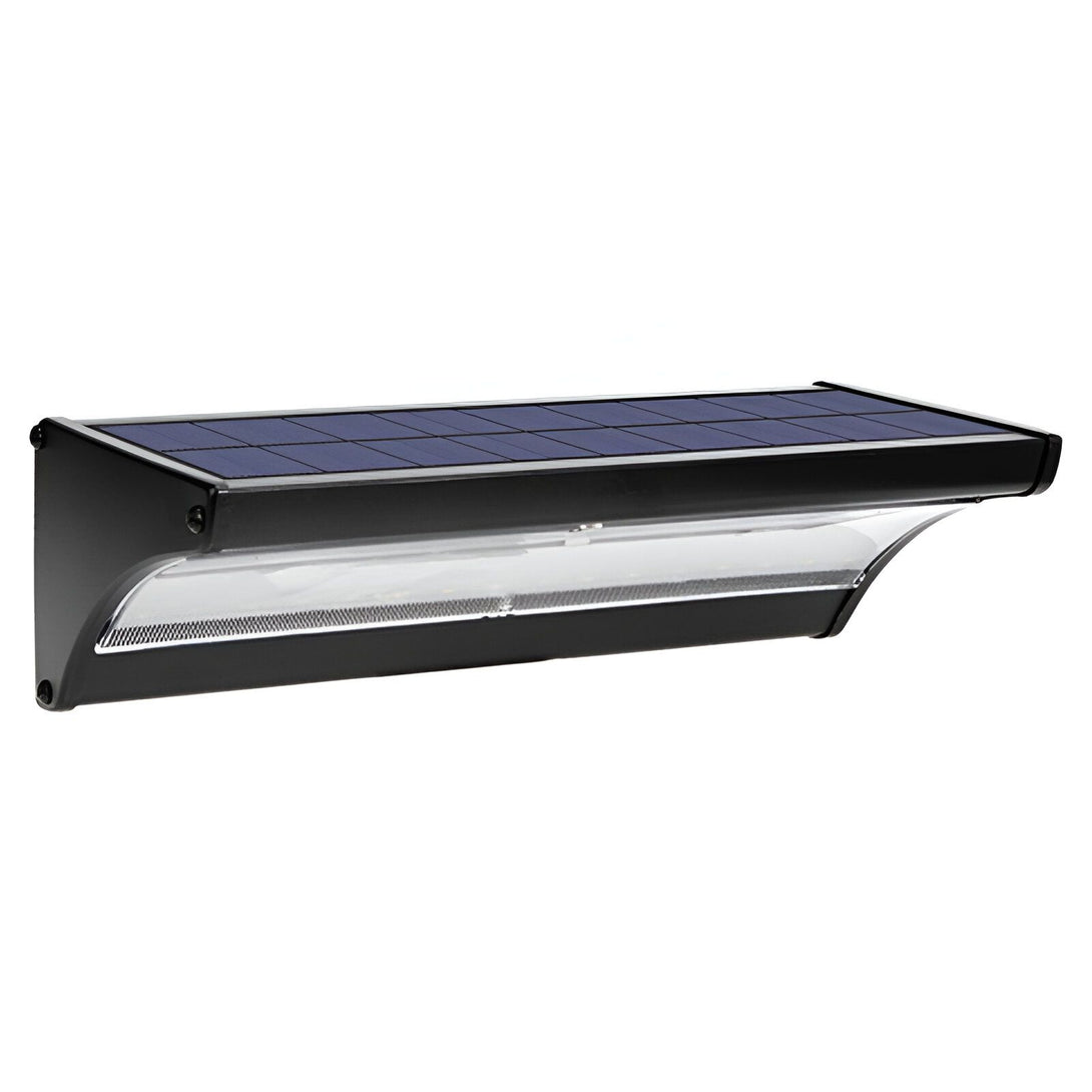 Une applique solaire murale avec un panneau solaire intégré et une lumière LED. L'applique est en aluminium noir et la lumière est blanche. MO-2434419135,MO-8242162050,MO-8819649047,MO-707413256X,MO-853744667X,MO-2536286703,