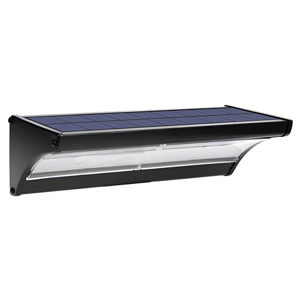 Une applique solaire murale avec un panneau solaire intégré et une lumière LED. L'applique est en aluminium noir et la lumière est blanche. MO-2434419135,MO-8242162050,MO-8819649047,MO-707413256X,MO-853744667X,MO-2536286703,