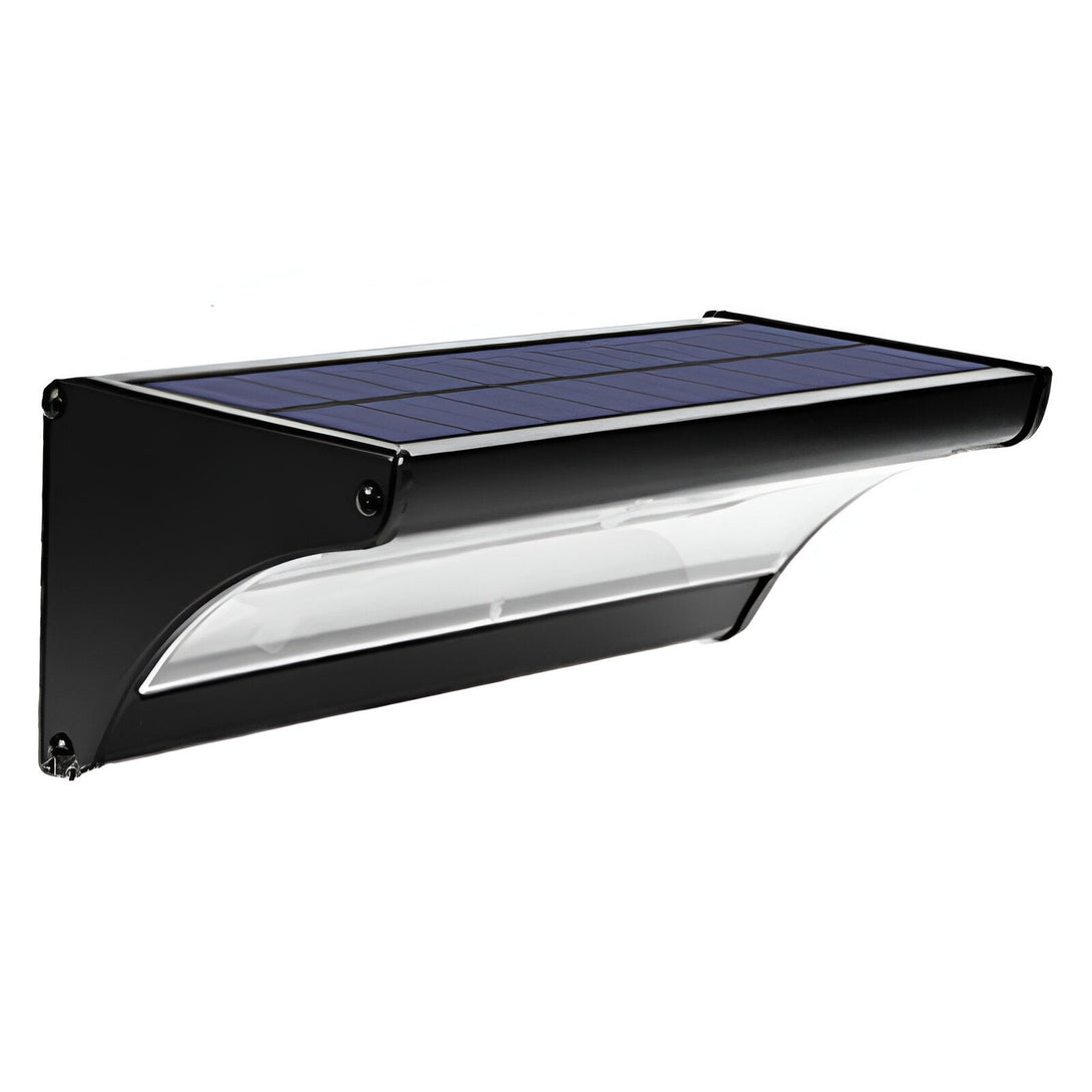 Une applique solaire murale avec un panneau solaire noir et un détecteur de mouvement. MO-2434419135,MO-8242162050,MO-8819649047,MO-707413256X,MO-853744667X,MO-2536286703,