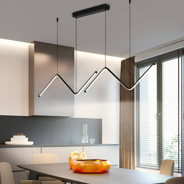 Une image d'une suspension noire à LED en forme de vague, idéale pour une salle à manger ou un salon.