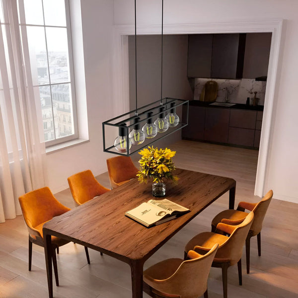 Une élégante suspension luminaire salle à manger moderne au design industriel. Cette suspension luminaire est parfaite pour les salles à manger, les cuisines et les salons. Elle est fabriquée en métal de haute qualité et est disponible en noir ou en blanc. La suspension luminaire est dotée de cinq douilles E27 et est compatible avec les ampoules LED. RE-3919197143,RE-9593639438,