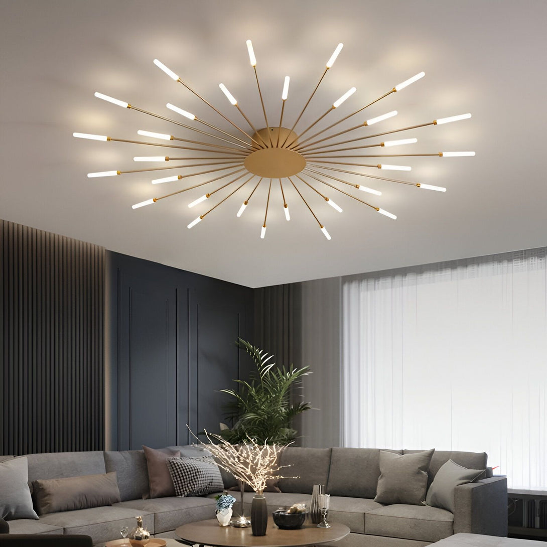 Un plafonnier en acier trempé et aluminium doré avec 36 ampoules LED. Il est parfait pour éclairer un salon, une salle à manger ou une chambre à coucher. TE-4748594233,TE-7339158529,