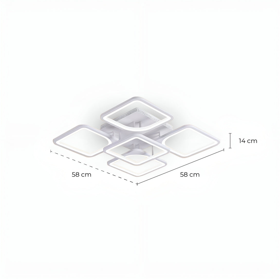 Un plafonnier LED carré de 58 cm de côté et de 14 cm de hauteur. Il est composé de quatre carrés lumineux de 14 cm de côté chacun. LO-1375891898,LO-0522759459,