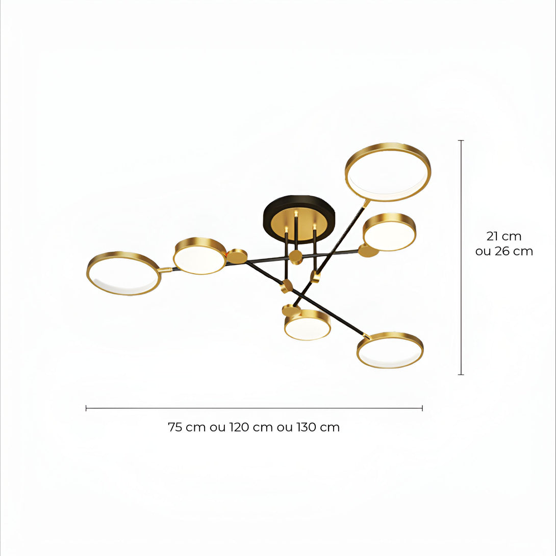 Un lustre doré avec des cercles noirs et des ampoules LED. Il est disponible en trois tailles : 75 cm, 120 cm et 130 cm. MA-5176658445,MA-6863690586,MA-9597621967,