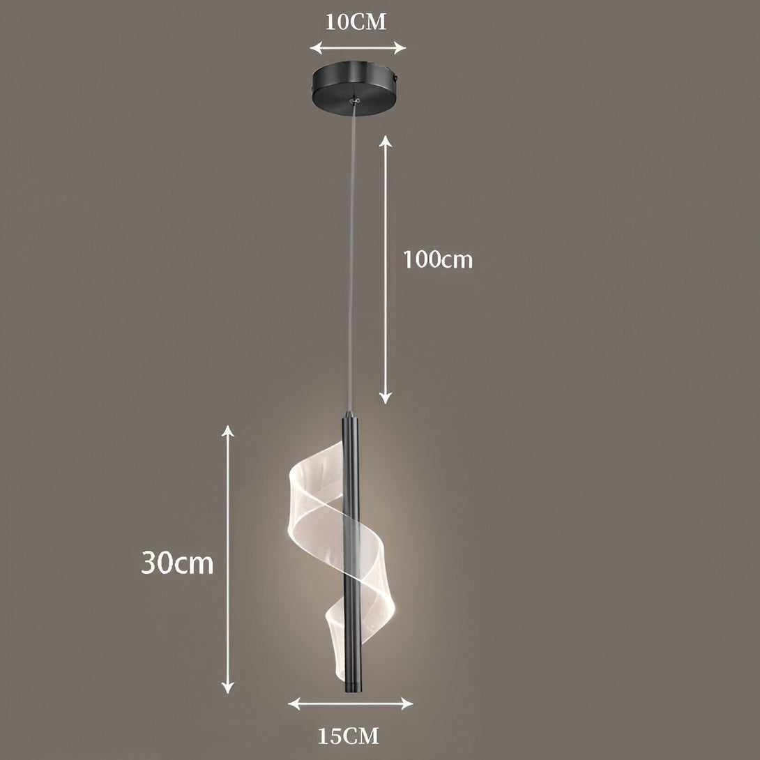 Une image d'une lampe suspendue. La lampe est en métal noir et a une forme de spirale. Elle est suspendue par un fil noir et mesure 100 cm de long. La lampe a une puissance de 15W et diffuse une lumière blanche chaude. MI-2324431688,MI-1959542311,MI-5289383336,MI-2510590286,MI-0171760948,MI-1777120470,MI-6198502511,MI-6143547629,MI-7442860222,MI-0312743297,MI-8534675333,MI-8883523601,