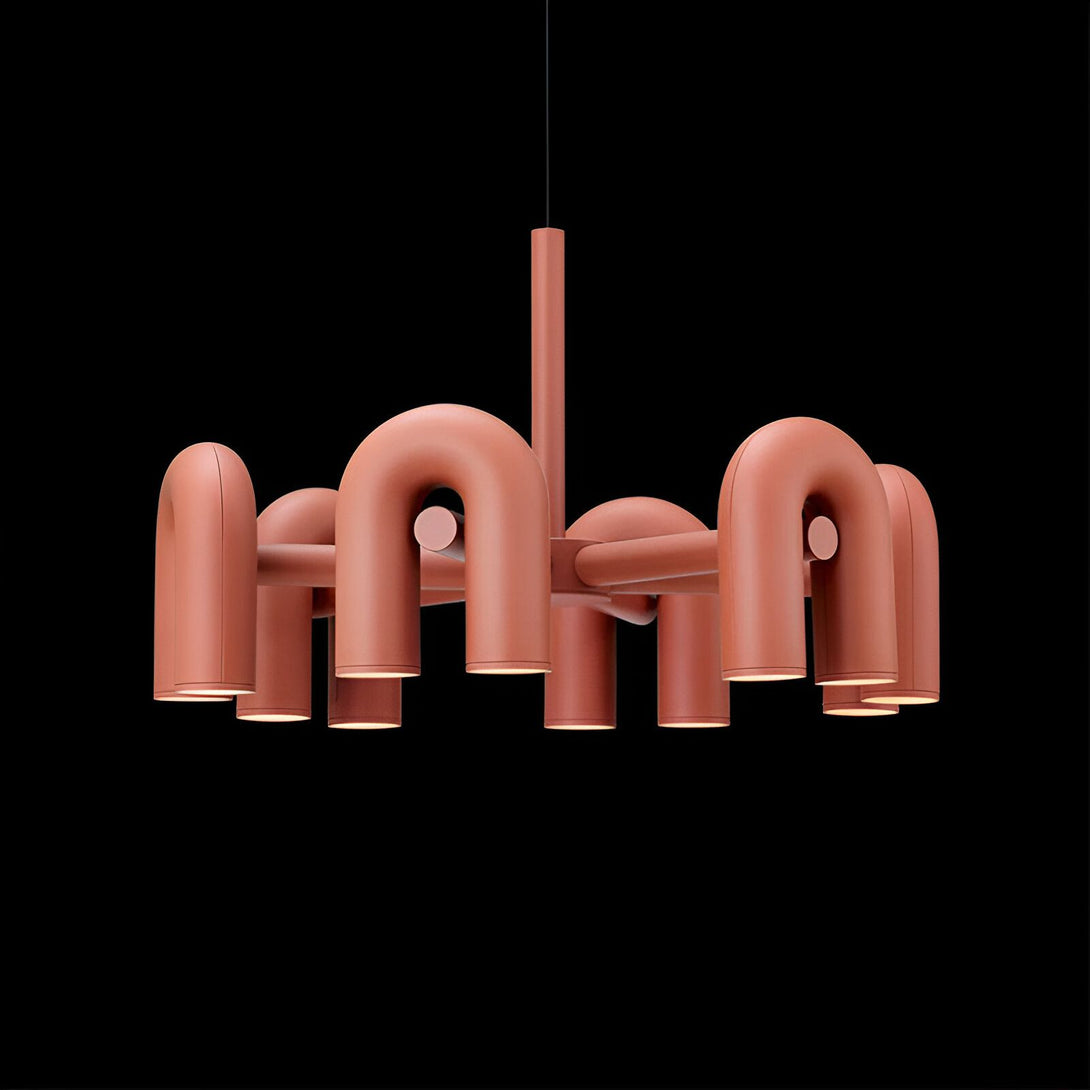 Une image d'un lustre en céramique rose avec 10 lumières en forme de U. Le lustre est suspendu à un fil noir. DE-5513047993,DE-2348099438,DE-9746383744,DE-4259432788,DE-6635873724,DE-7183723267,DE-7965227738,DE-391162686X,