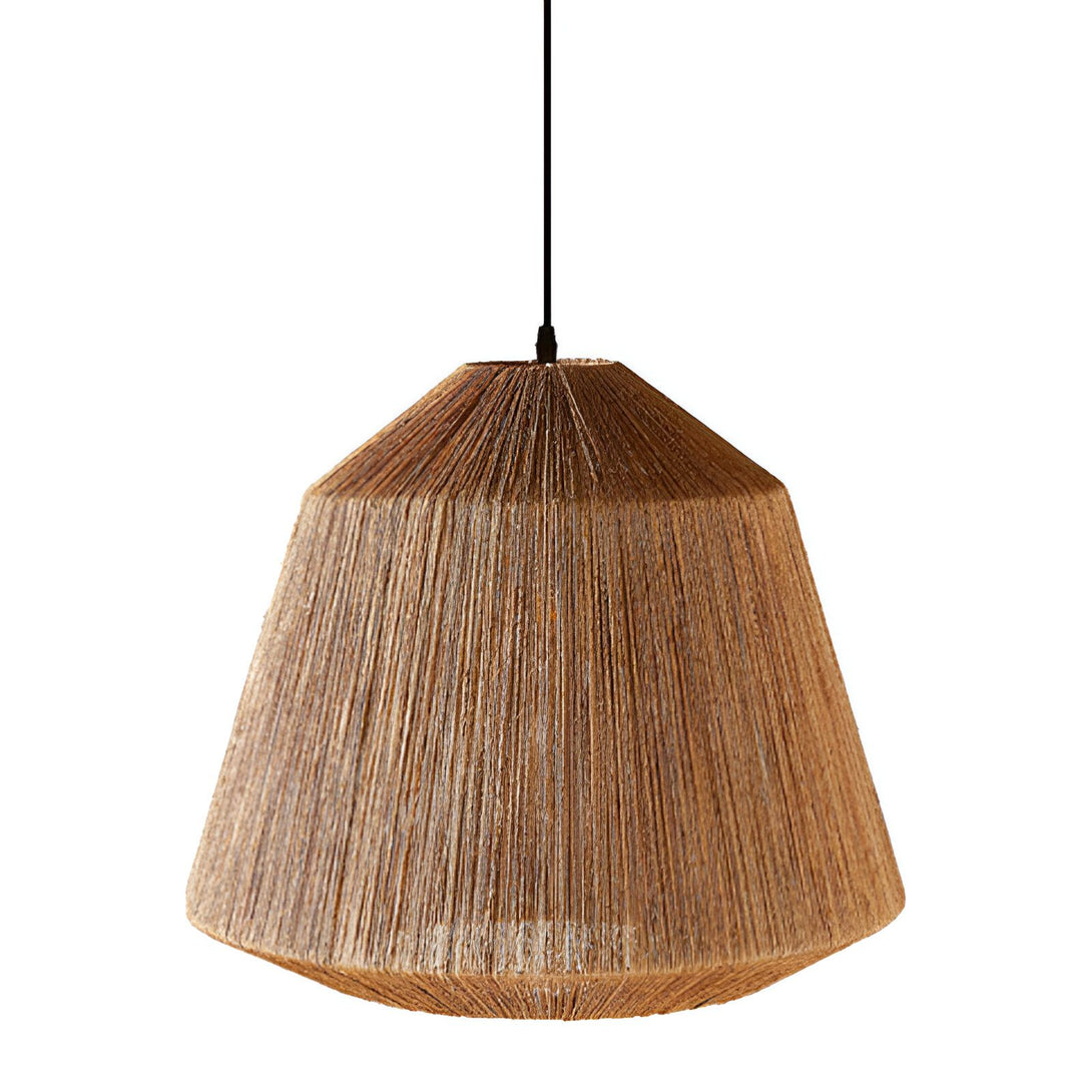 Une suspension marron en forme de cône inversé fabriquée en corde de jute tressée. AD-6453961679,AD-6657275196,AD-8746500626,AD-6764077002,AD-2257925033,AD-5434952707,
