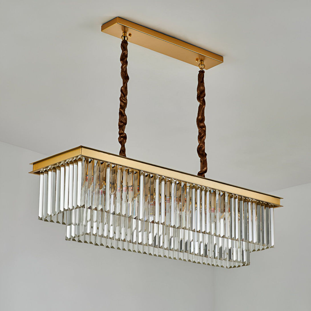 Une image d'un lustre en cristal doré à deux étages avec des pampilles en cristal transparent. Le lustre est suspendu au plafond par deux câbles torsadés marron. LO-8531375401,LO-5736785838,LO-1500856088,LO-5736656043,