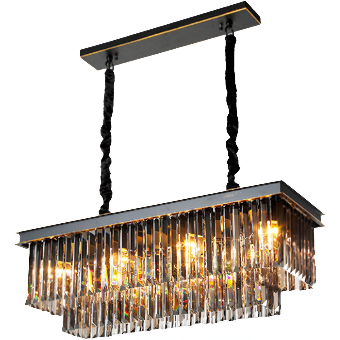 Un lustre rectangulaire en cristal noir avec des pampilles en cristal transparent. Il est suspendu par deux câbles noirs. LO-8531375401,LO-5736785838,LO-1500856088,LO-5736656043,