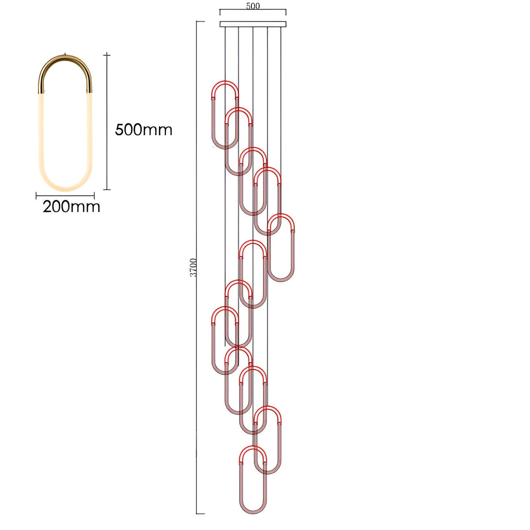 L'image représente un lustre avec des LED en forme d'anneaux. Il est de couleur laiton et mesure 500 mm de long et 200 mm de large. Il est suspendu à un câble de 3700 mm de long. NA-0096577770,NA-4868161806,NA-0573753911,
