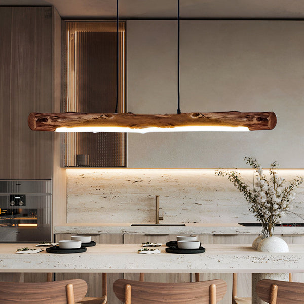 Une image d'une suspension en bois avec une lumière blanche à l'intérieur. La suspension est accrochée au plafond au-dessus d'une table à manger en bois avec des chaises en bois. Il y a des bols et des verres sur la table. Derrière la table, il y a un mur en marbre avec des fleurs blanches dans un vase. AY-2449791795,AY-4169827201,AY-7258229817,AY-4047056855,