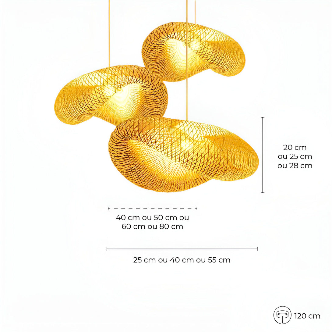 Suspension luminaire design Géométrique en bambou tressé main. Existe en plusieurs tailles : 20 cm, 25 cm ou 28 cm de diamètre et 40 cm, 50 cm, 60 cm ou 80 cm de hauteur. Le câble mesure 120 cm. SE-7652193869,SE-5885586357,SE-3059155046,SE-7426962288,