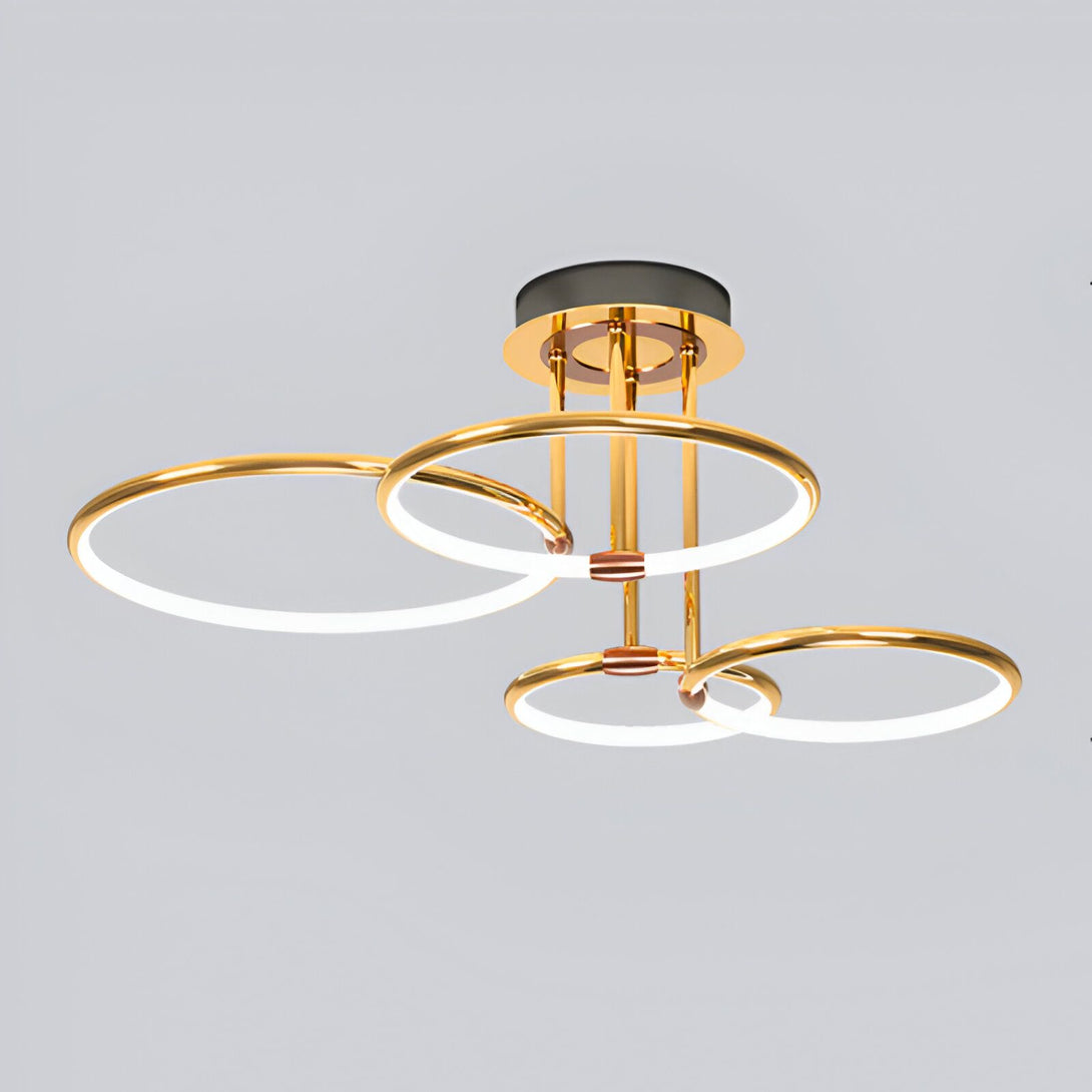 Suspension Luminaire Moderne Cercle Doré. Ce luminaire est composé de trois cercles en métal doré suspendus à un fil noir. Les cercles sont de différentes tailles et sont disposés de manière à créer un effet de cascade. Le luminaire est équipé d'un module LED intégré qui diffuse une lumière blanche chaude. Il est parfait pour éclairer un salon, une salle à manger ou une chambre à coucher. CI-4182286022,CI-527264557X,CI-6278371030,CI-2916725881,